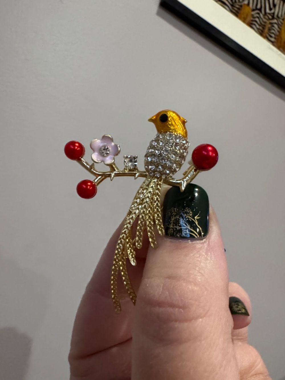 Gold Bird Brooch with Red Berry Accents and Pink Blossom